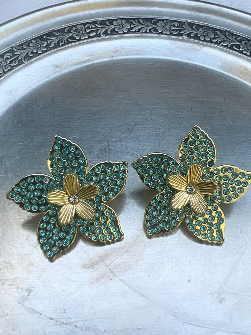Sugarfix Gold & Teal Crystal Flower Stud Earrings Elegant Floral Design